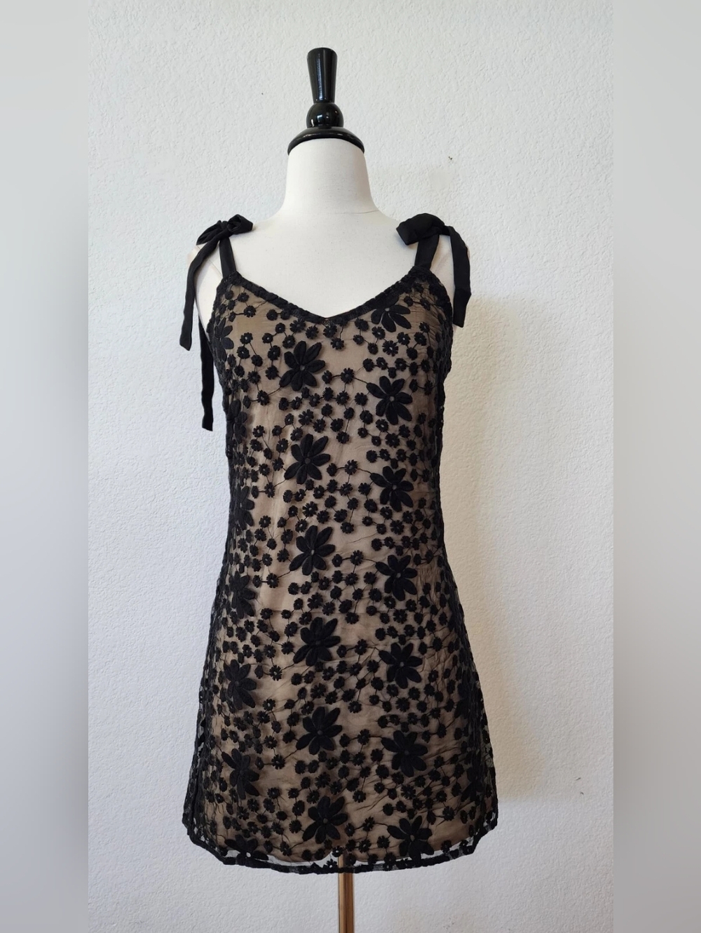 Black Floral Lace Overlay Slip Dress with Tie Straps